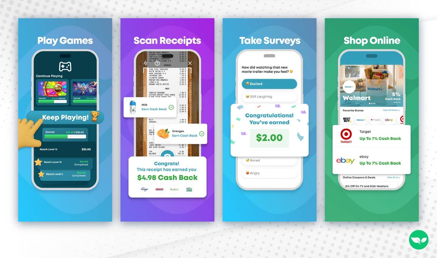 Swagbucks app store preview showing four ways to earn points: playing games, scanning receipts, taking surveys, and shopping online