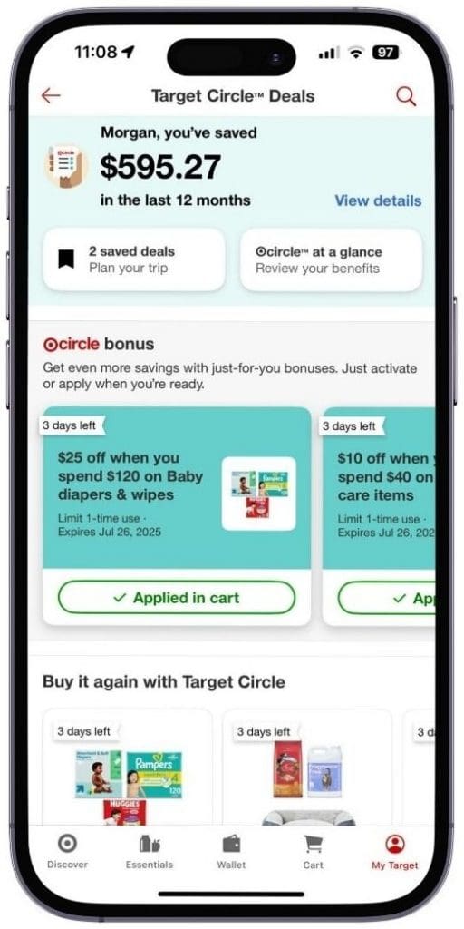 Screenshot from my wife’s Target Circle app showing a $25 off $120 baby items deal and $595.27 in savings over the past year — part of how we stack real Target rewards.