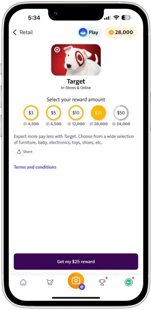 My Fetch Rewards balance showing 28,000 points — enough to redeem a $25 Target gift card, mostly earned from diaper purchases for our kids.