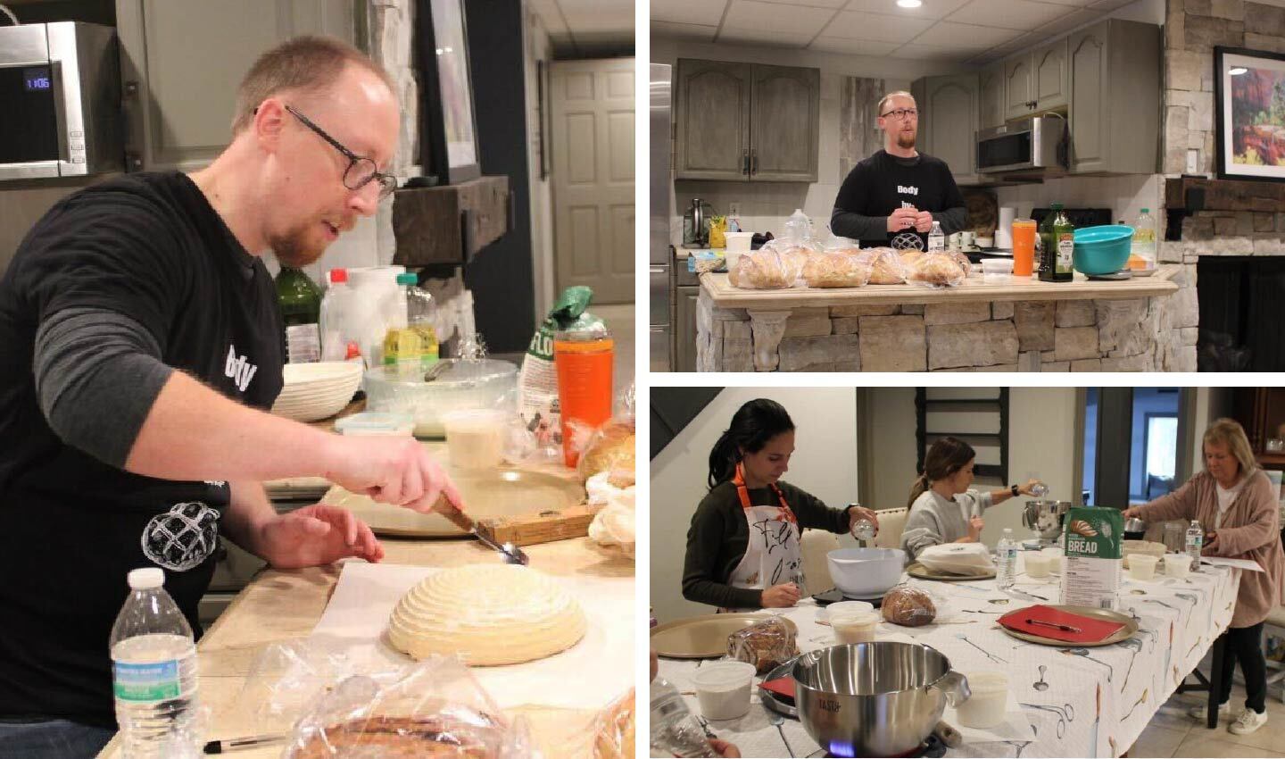 Dan leading a breadmaking session for about ten friends in a borrowed dining room during his first trial class.