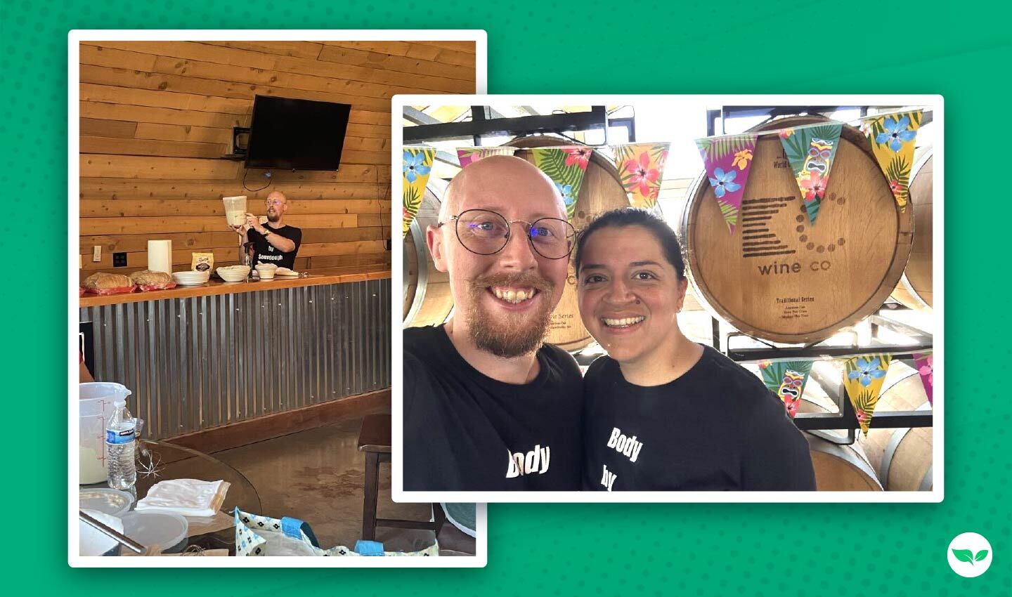Dan teaching sourdough at KC Wine Co., with a close-up of him and his partner smiling in front of wine barrels.