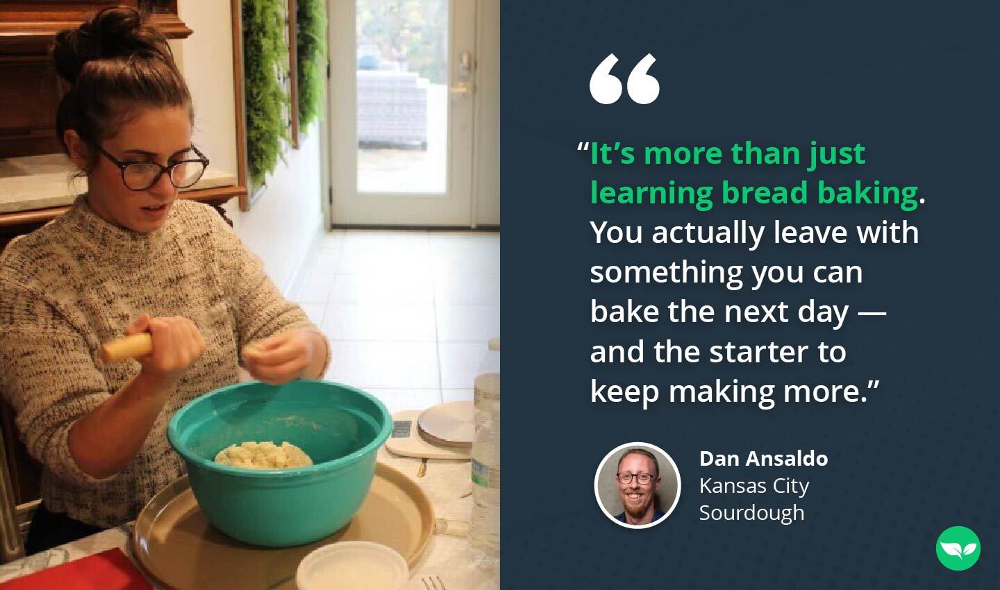 Participant mixing sourdough dough in a turquoise bowl during a Kansas City Sourdough class.