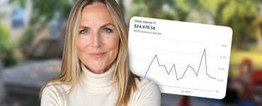 Melody Morton-Buckleair in a cream turtleneck smiling, with a graph overlay showing $24,470 in gross volume from her Pilates studio.