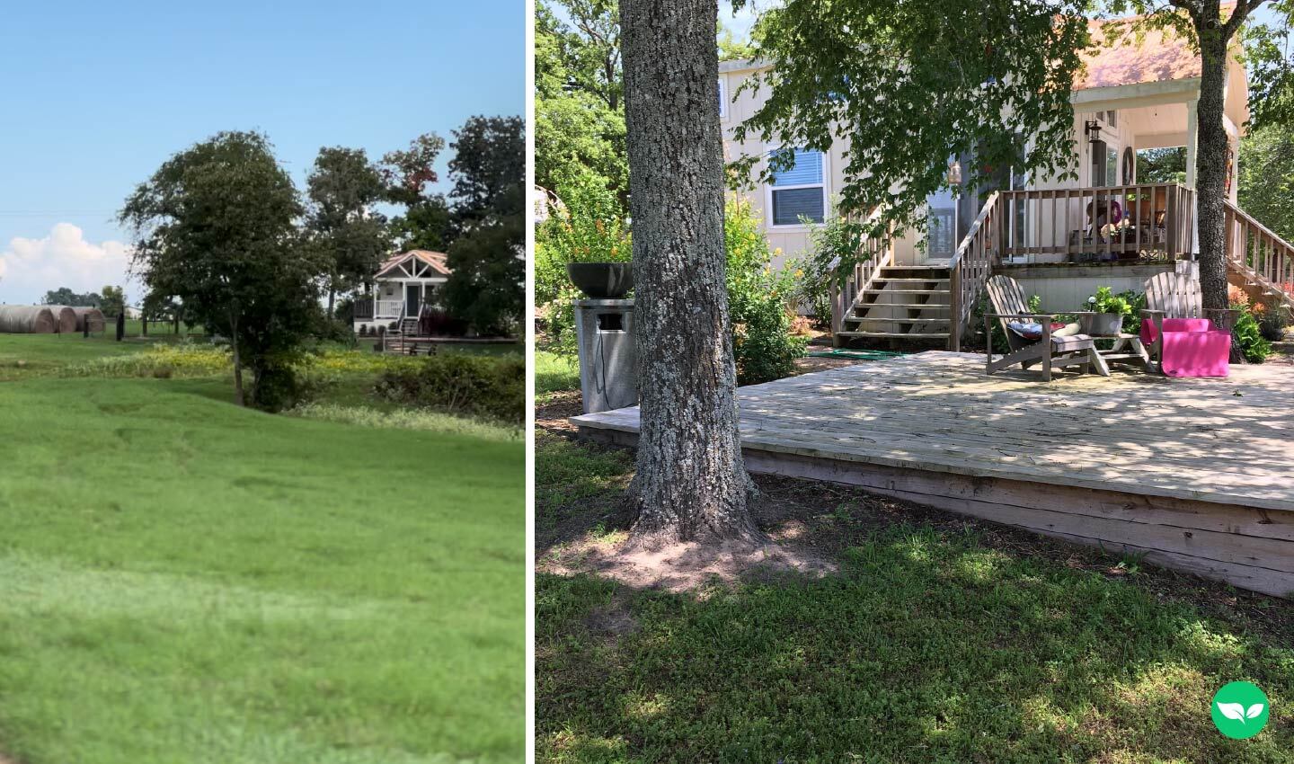 Two views of Elmwood Place Pilates — the tiny home studio seen from a green pasture on the left, and a shaded deck with seating on the right.