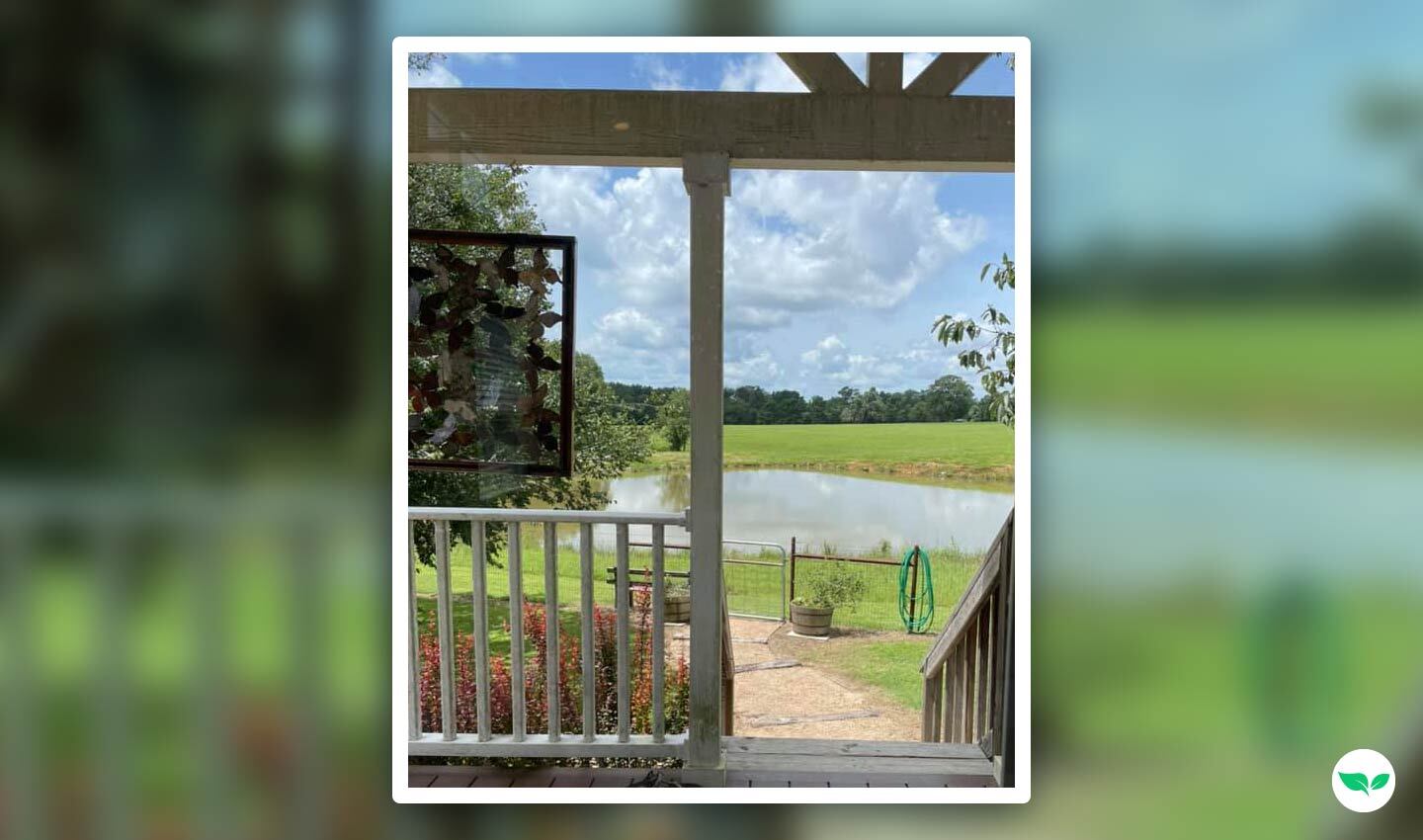 View of a small pond and green pasture from the deck of Melody Morton-Buckleair’s Pilates studio.