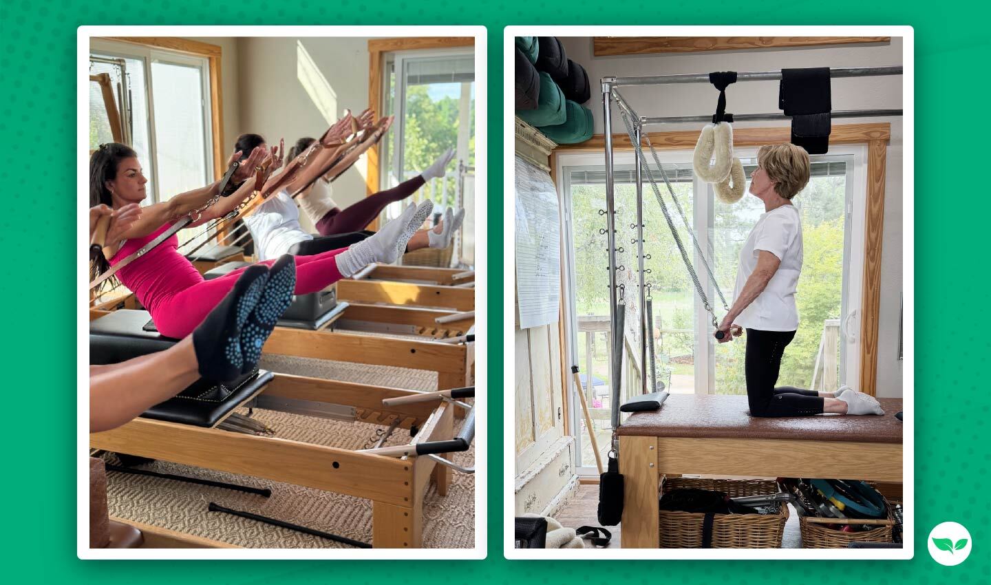 Women working out on reformers and Cadillac equipment inside Melody Morton-Buckleair’s Pilates studio.