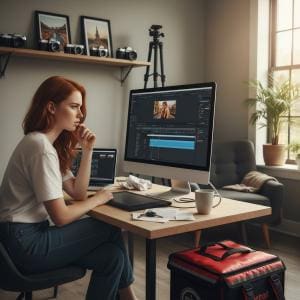 Young woman works from home editing photos on a desktop computer, with a food delivery bag beside her desk symbolizing the balance between creative freelance work and gig income.