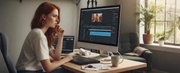 Young woman works from home editing photos on a desktop computer, with a food delivery bag beside her desk symbolizing the balance between creative freelance work and gig income.
