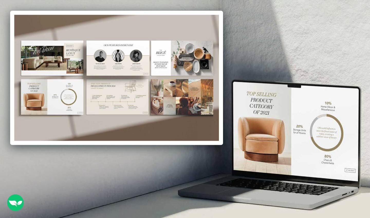 Laptop on a desk displaying a luxury-style pitch deck slide, featuring a beige armchair and sales category breakdown; inset shows a full presentation layout with branding and product design slides.
