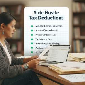 A woman reviews paperwork at her desk beside a laptop, with an overlaid checklist titled “Side Hustle Tax Deductions” showing examples like mileage, home office, and supplies.