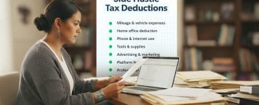 A woman reviews paperwork at her desk beside a laptop, with an overlaid checklist titled “Side Hustle Tax Deductions” showing examples like mileage, home office, and supplies.