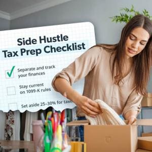A woman packaging handmade products in her small business workspace with an overlaid “Side Hustle Tax Prep Checklist” graphic showing steps like separating finances and tracking 1099-K rules.