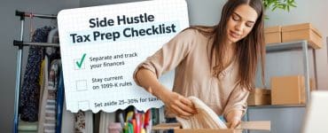 A woman packaging handmade products in her small business workspace with an overlaid “Side Hustle Tax Prep Checklist” graphic showing steps like separating finances and tracking 1099-K rules.