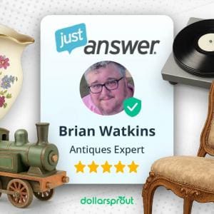 Illustration showing Brian Watkins, an antiques expert on JustAnswer, surrounded by vintage collectibles including a record player, ornate chair, toy train, floral vase, and gold pendant — representing how he earns money appraising items online.