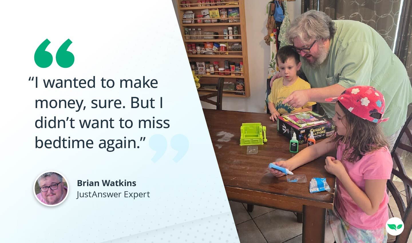 Brian Watkins helps his kids with a craft project at the kitchen table — a snapshot of the family time his JustAnswer side hustle allows him to protect.