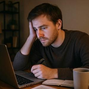 A tired man sits at his desk late at night, staring at his laptop with a cup of coffee nearby — representing the burnout many side hustlers feel after long hours of extra work.