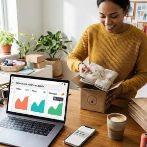 Woman in a bright home studio packaging handmade products for shipment, with a laptop showing order and sales growth charts beside her.